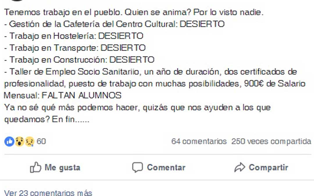 Publicación en Facebook que ya ha despertado el interés de casi 40 personas para trabajar en el Maestrazgo