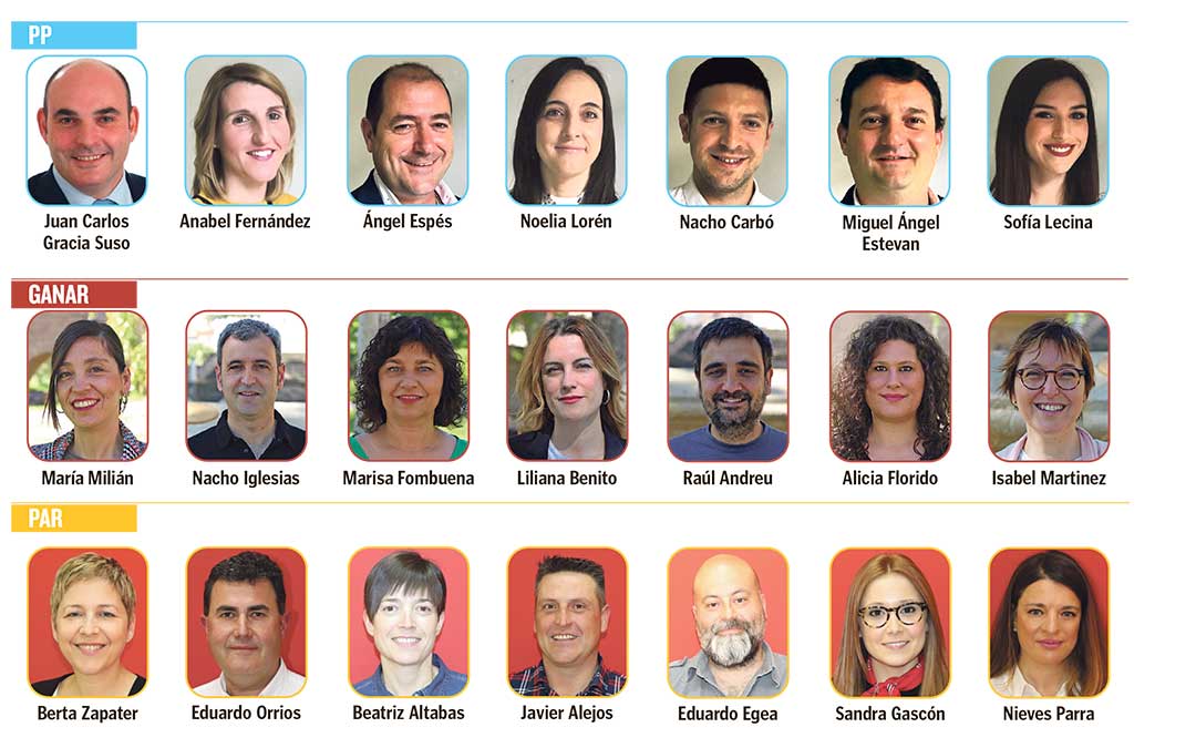 Siete primeros candidatos de las listas de PP, IU y PAR al Ayuntamiento de Alcañiz.