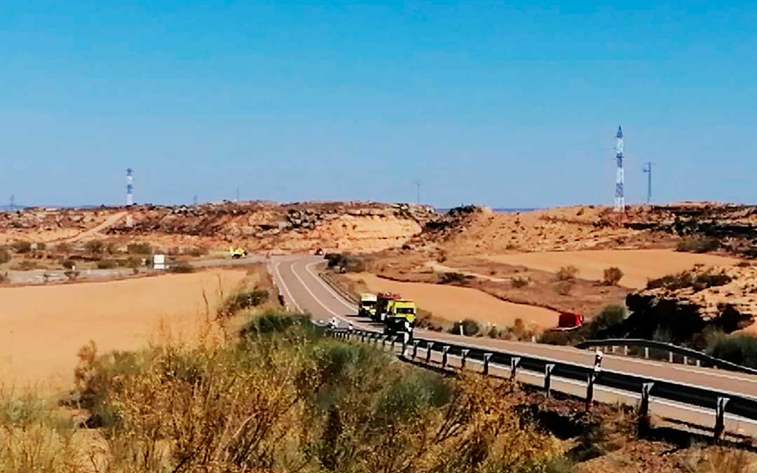 Un tramo de la N-211 con un accidente, el pasado año 2019.