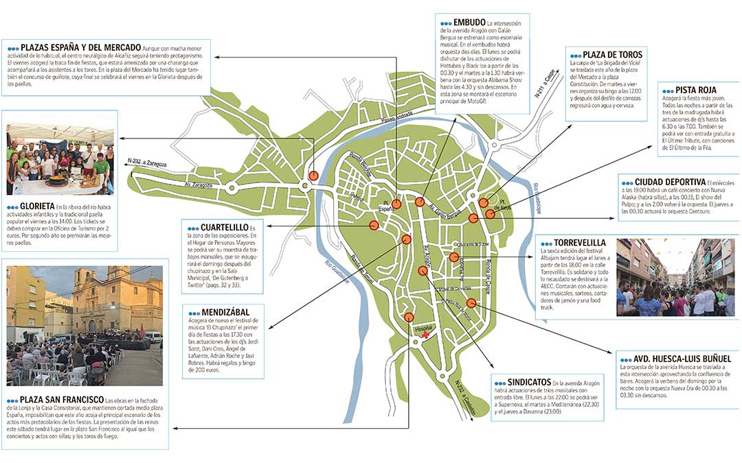 Mapa de los escenarios de fiestas de Alcañiz.
