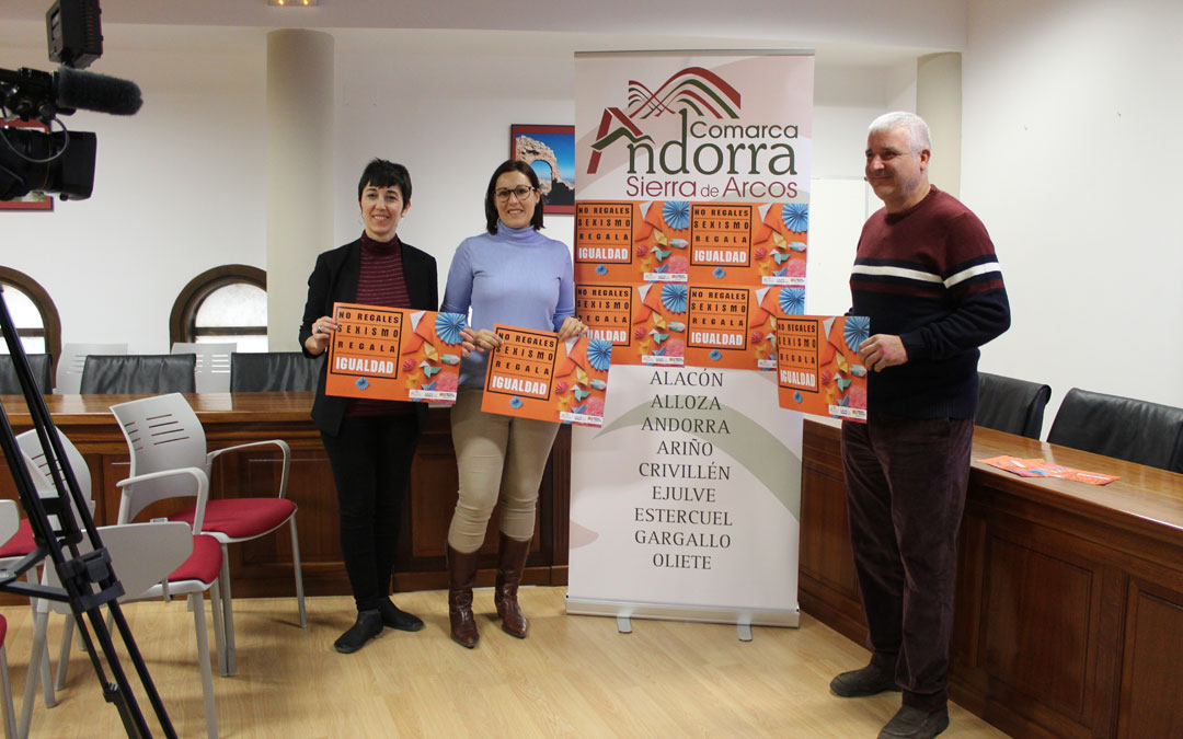 La psicóloga, Lucía Lorenz; la presidenta, Marta Sancho y el consejero del Servicio Social de Base, Raúl Lázaro, en la presentación en la sede comarcal de Andorra. / B. Severino.
