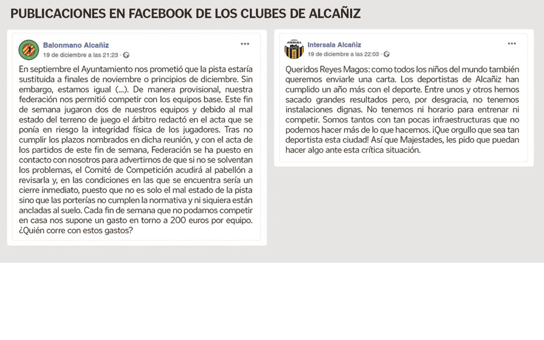 Publicaciones del Balonmano Alcañiz y el Intersala Alcañiz denunciando la situación en sus perfiles de la red social Facebook