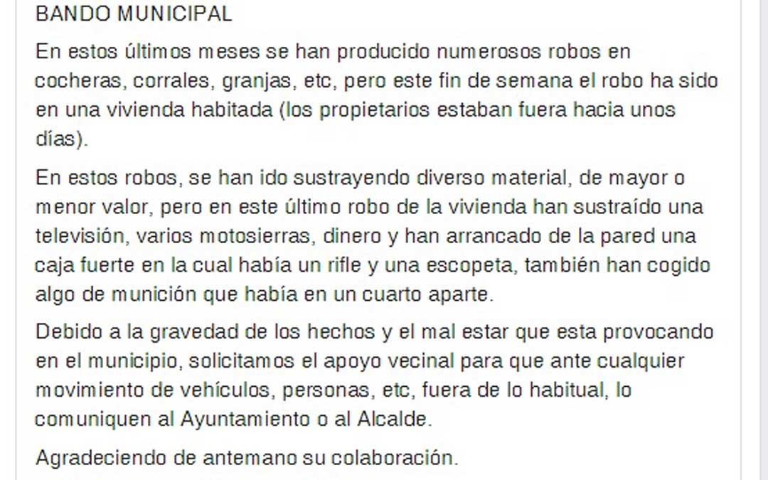 Bando del Ayuntamiento de Torrevelilla para advertir de los robos