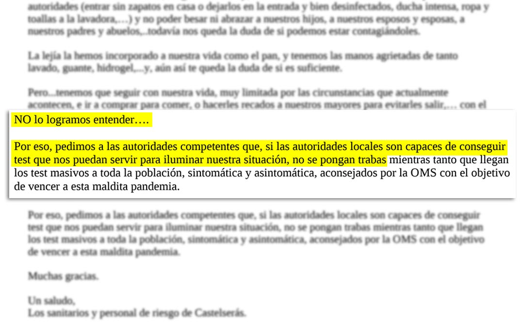 Fragmento de la carta firmada por los sanitarios y personal de riesgo de la localidad de Castelserás./ L.C.