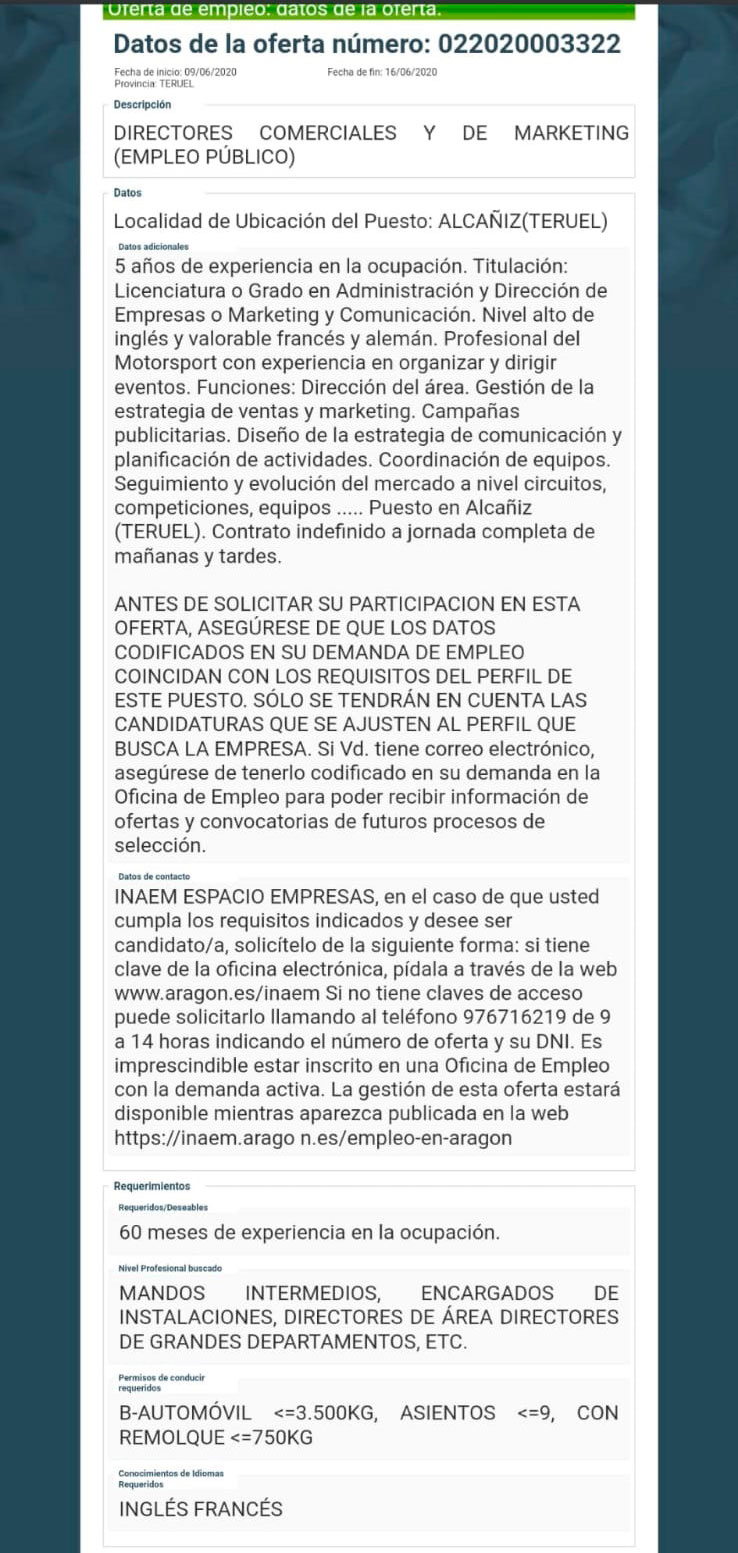Oferta de empleo del director comercial y de marketing de Motorland./ L.C.