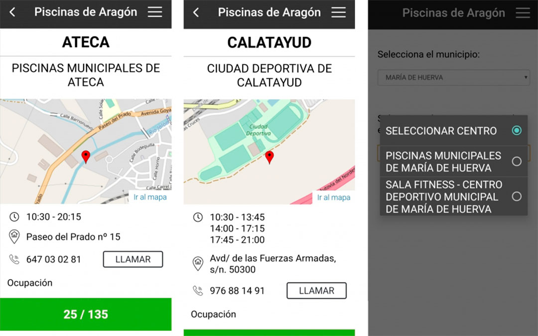 Tres ejemplos de instalaciones municipales que hay en la aplicación Piscinas Aragón./ DGA
