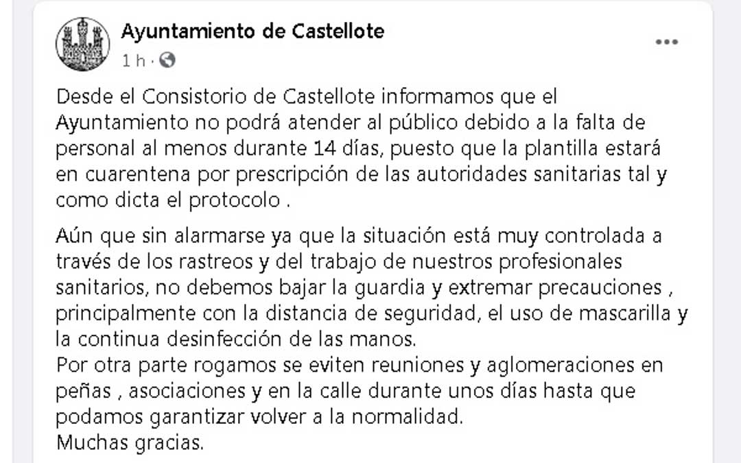 El Ayuntamiento de Castellote ha informado a través de su perfil de Facebook