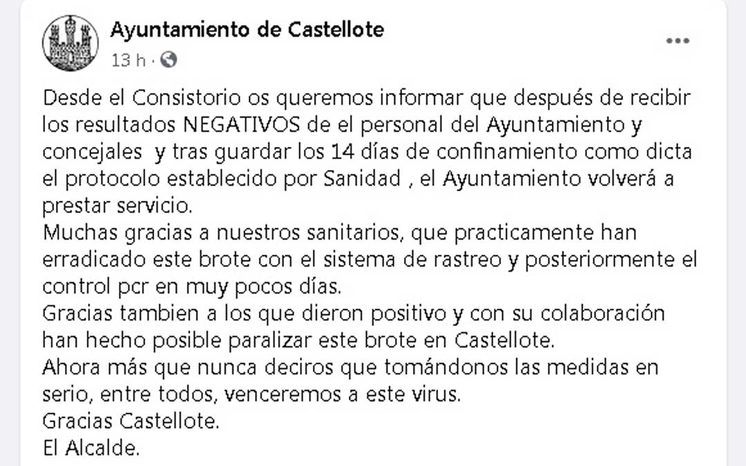 Comunicado del Ayuntamiento de Castellote en su perfil oficial de Facebook