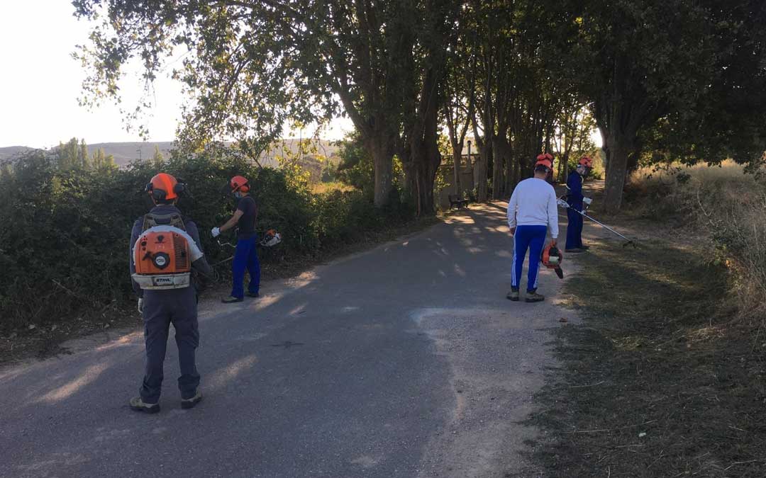 Los cuatro jóvenes realizando tareas de poda en el municipio./Ayto. Andorra