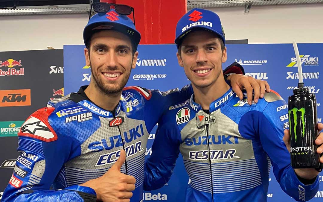 Álex Rins y Joan Mir, los dos pilotos de Suzuki en el podio del GP de Catalunya. / Twitter: Team Suzuki Ecstar @suzukimotogp