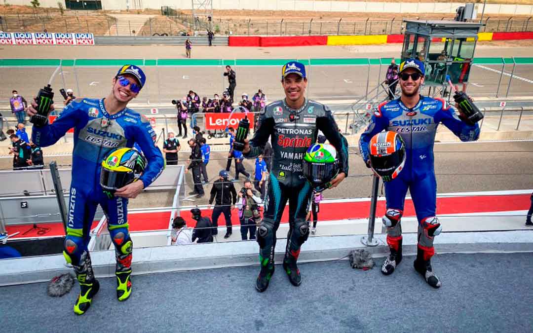 El podio de este domingo: Franco Morbidelli, Alex Rins y Joan Mir.