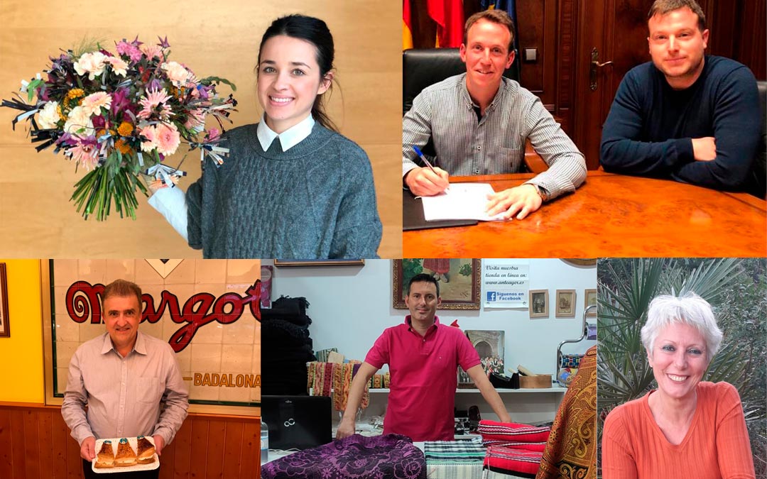 Andrea Molina, de La Boutique de las Flores (Alcorisa/ Alcañiz); Jorge y Pablo Colomer, de la Ganadería Hermanos Colomer (Calanda); Antonio Alejos, de la Pastelería Alejos (Alcañiz); Dabi Latas, de Anteayer Indumentaria (Alcañiz); y Mercedes Insa, de Ropas de Pueblo (Alcañiz)./ L.C.