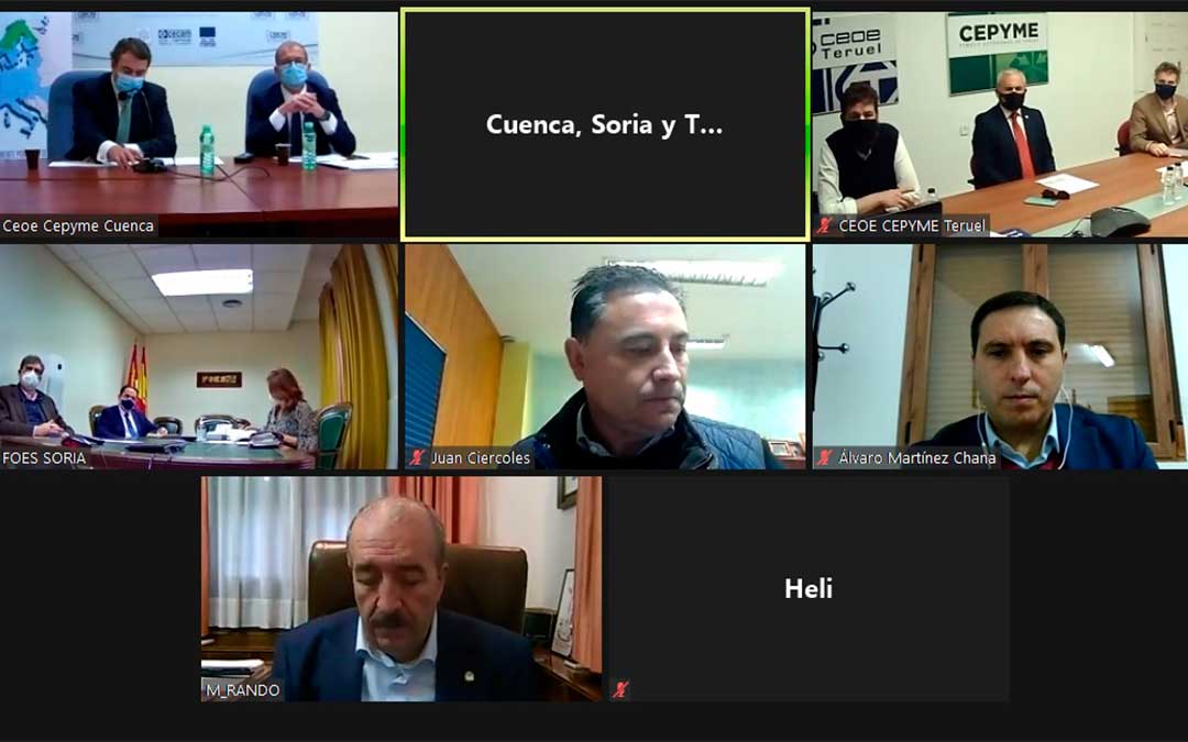 Las tres CEOEs presentan el proyecto "tractor" conjuntamente a los presidentes de las tres diputaciones provinciales de Soria, Teruel y Cuenca./ CEOE Teruel