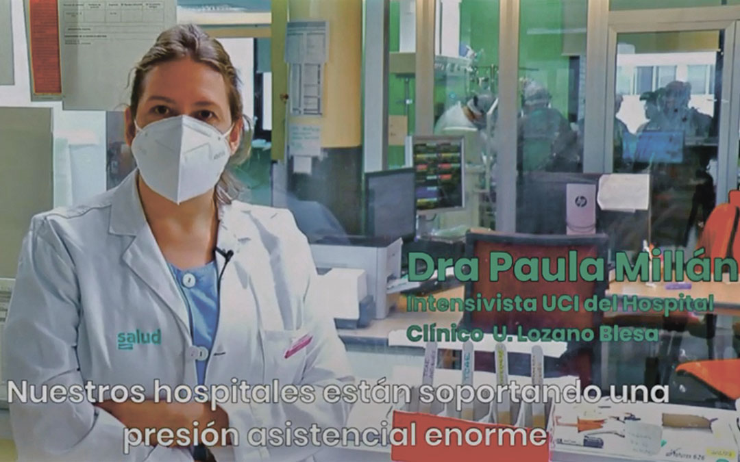 Mensaje de la intensivista del Clínico Paula Millán en los vídeos distribuidos ayer por DGA en redes sociales./ Youtube DGA