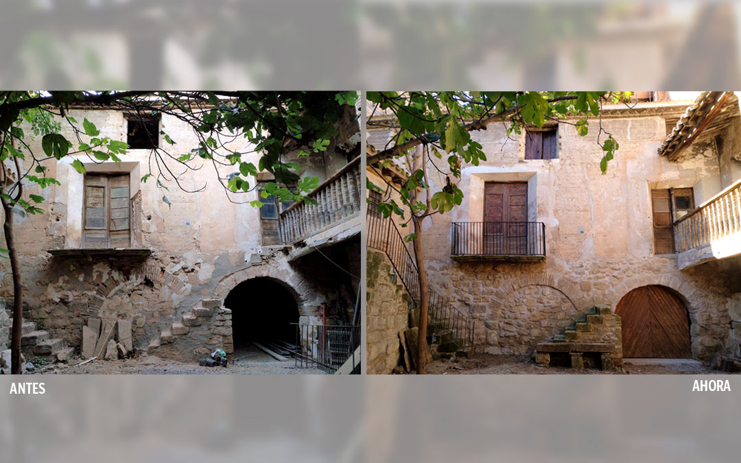 Imágenes del antes y el después de la fachada de la Casa Bosque de Caspe.