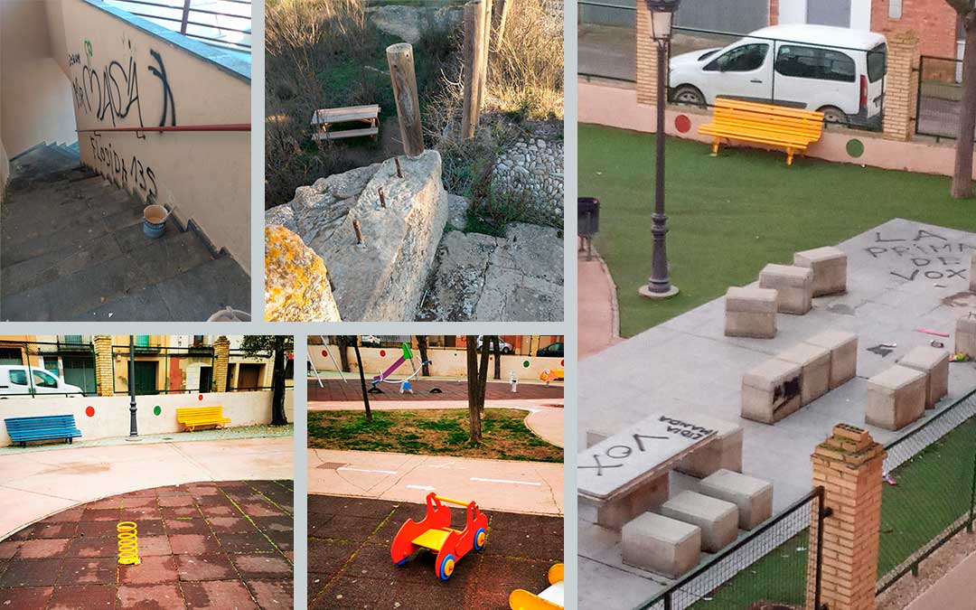 Imágenes de algunos actos vandálicos en varios puntos de la Ciudad del Compromiso. Imagen: Ayto Caspe