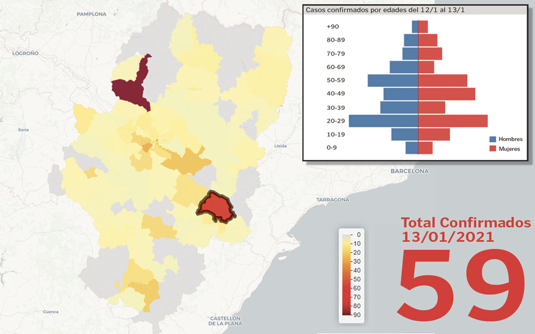 La zona básica de Alcañiz ha registrado 59 positivos este jueves./ Fuente del mapa: datacovid