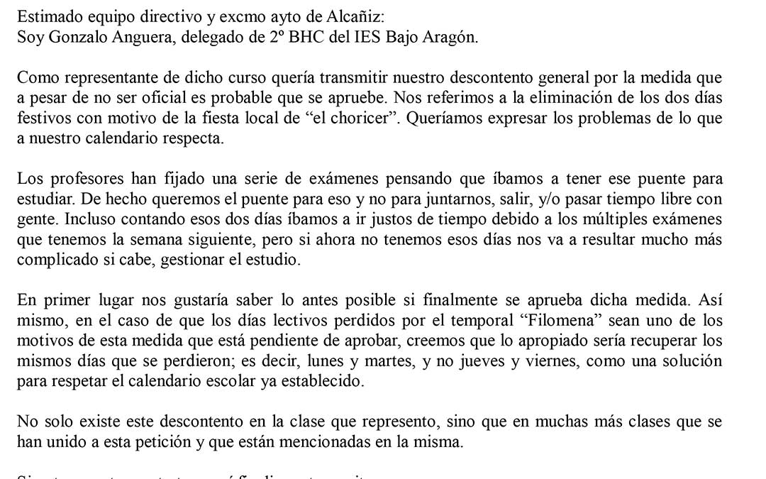 Carta de los alumnos de 2º de Bachillerato del IES Bajo Aragón./ L.C.