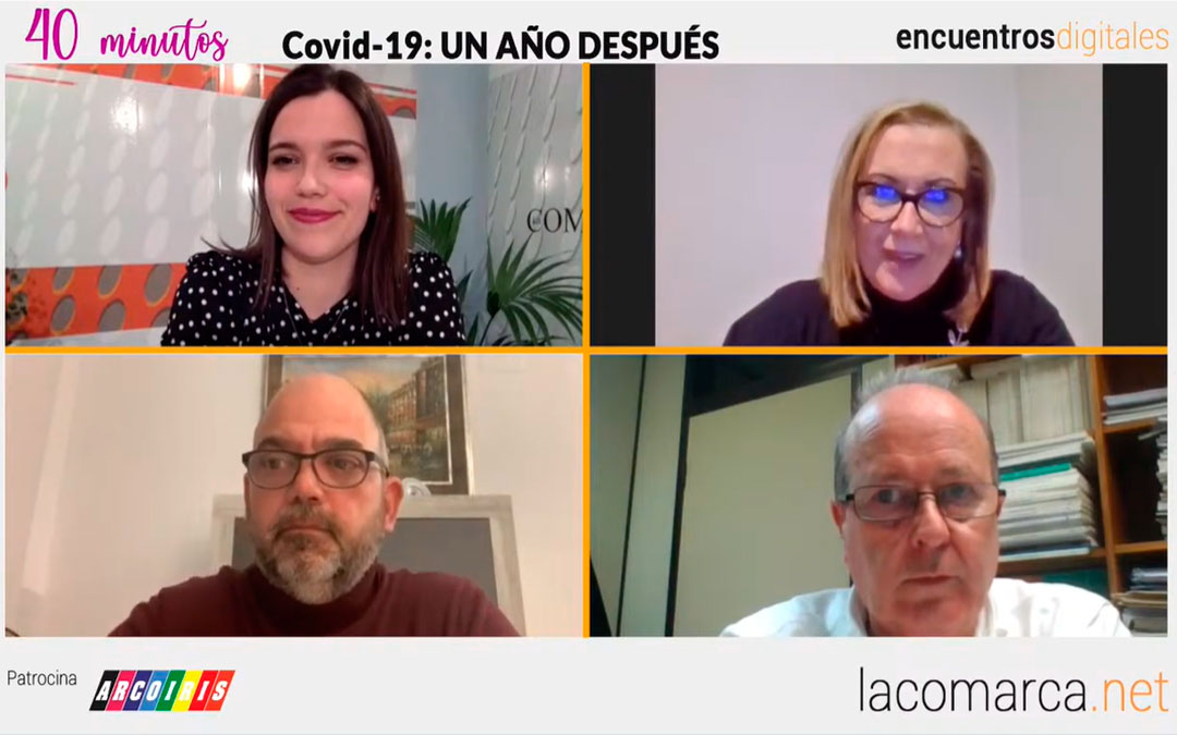 Alicia Martín, directora de Radio La Comarca; Amparo García Castelar, gerente 061 Aragón; Antonio Santa Isabel, presidente de la Cámara de Comercio de Teruel; y Marcos Sanso, catedrático de Análisis Económico de la Universidad de Zaragoza en el encuentro digital '40 minutos. Covid-19, un año después'./ L.C.
