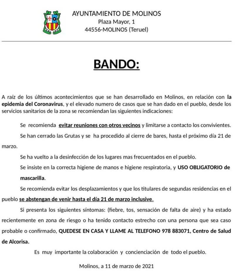 Bando del Ayuntamiento de Molinos.