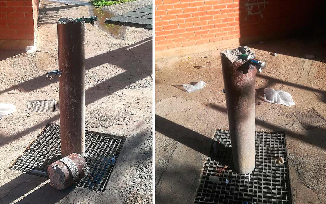 Fuente destrozada en Mas de las Matas en el parque del polideportivo./ L.C.