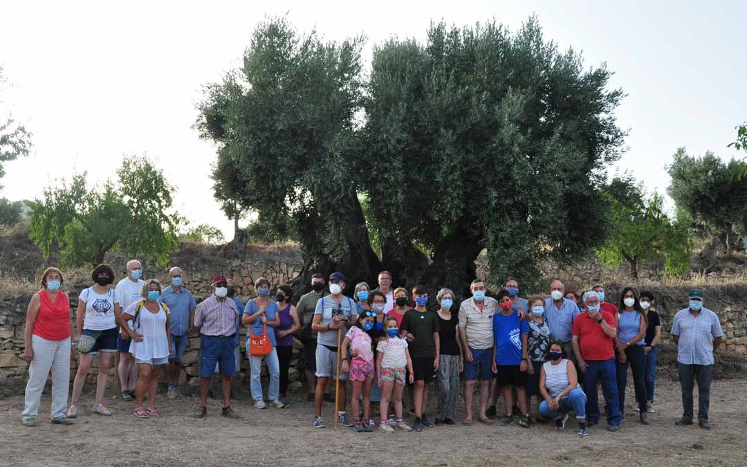 Foto de familia de los participantes en la ruta senderista a la Olivera del Pla junto a su propietario Juan Antonio Anglés. J.L.