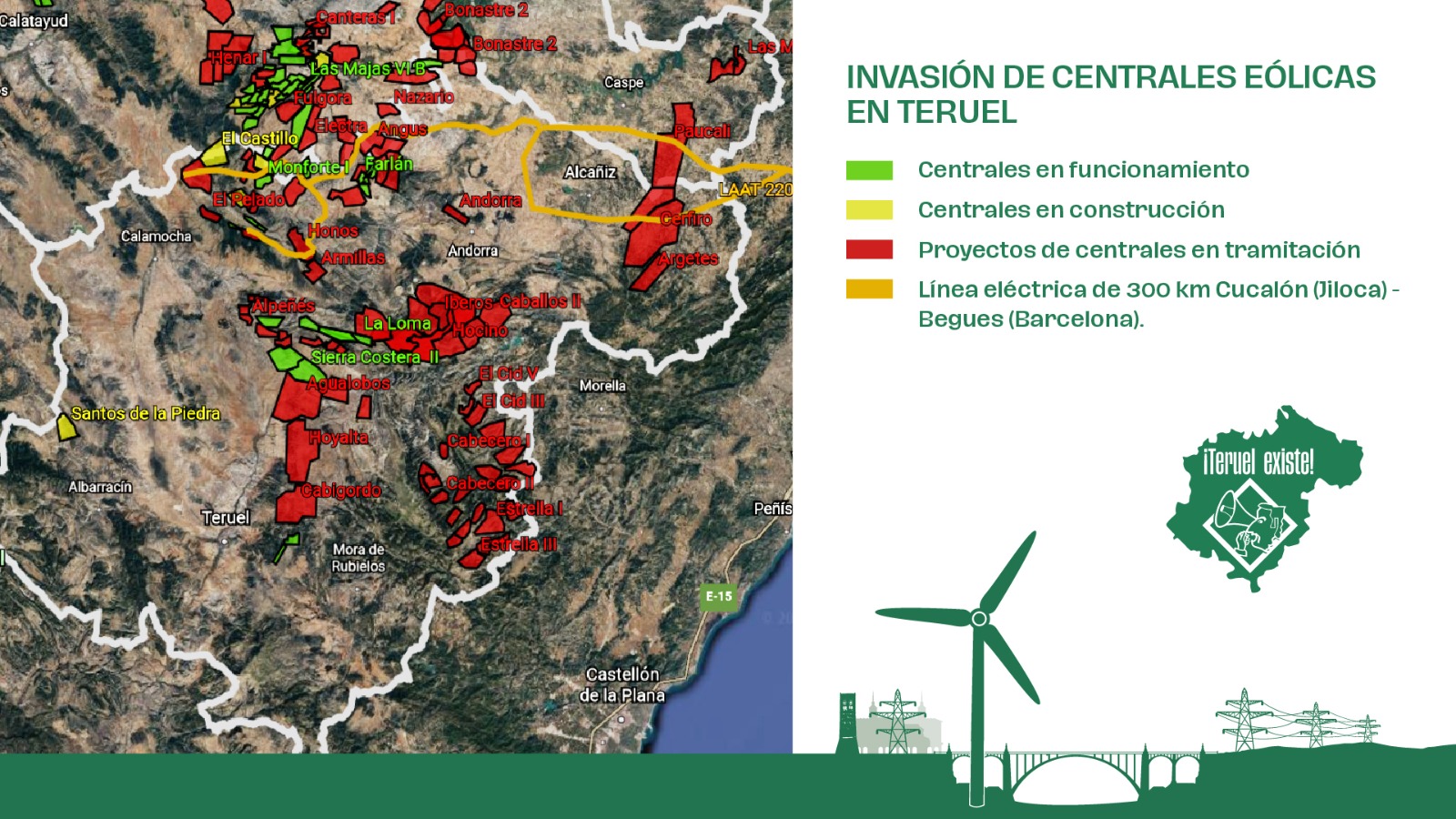 Mapa de Teruel Existe sobre la invasión de las centrales eólicas en la provincia.