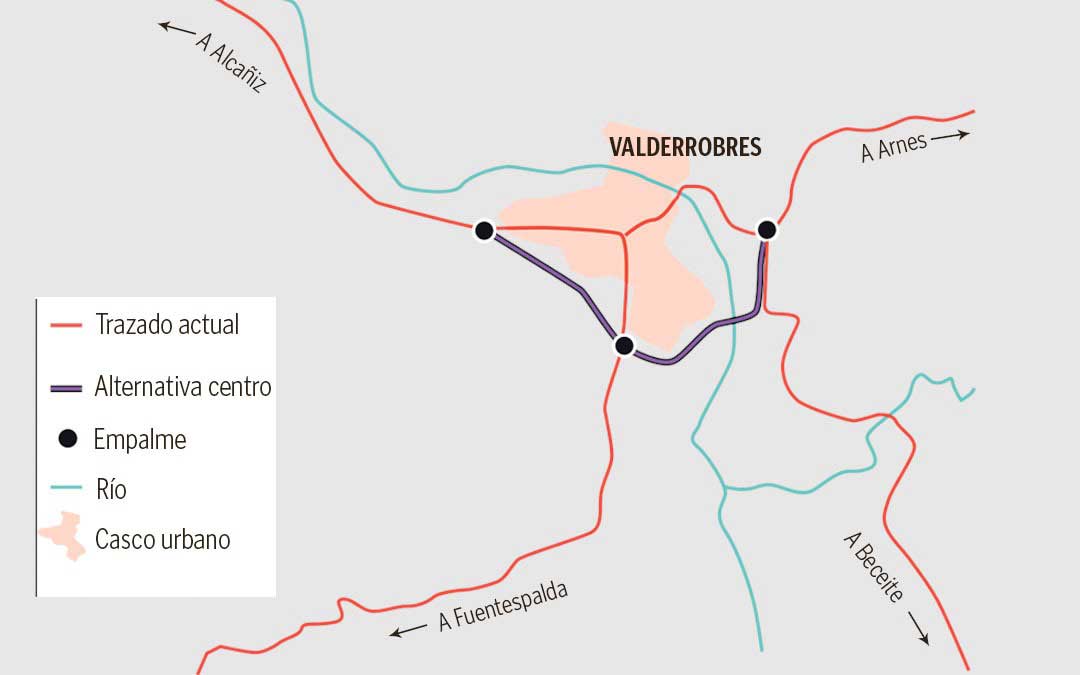 Esquema aproximado del trazado "centro" que las administraciones barajan para la variante. La Comarca