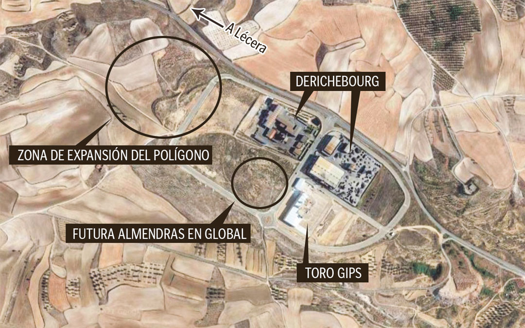 El polígono de San Cristóbal, junto a la carretera de Lécera, con las empresas actuales: las dos de Derichebourg en expansión y Toro Gips. / La Comarca