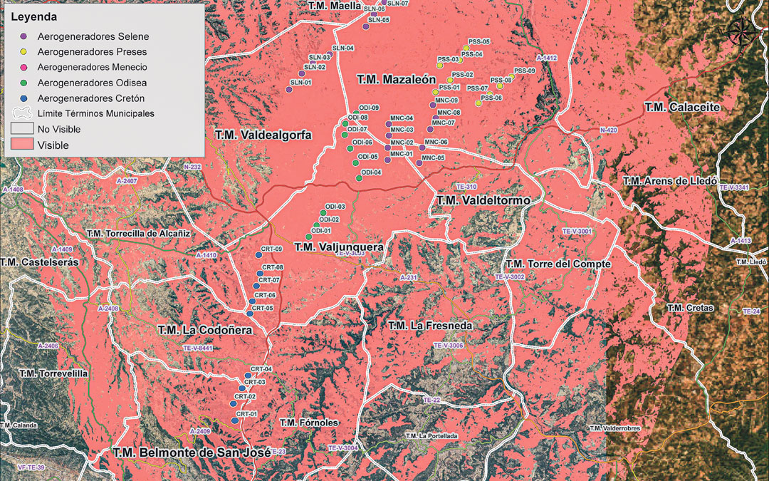 Mapa llevado a cabo por Valjunquera por el Paisaje en el que muestra la visibilidad de los aerogeneradores de los proyectos de Forestalia. Valjunquera por el paisaje.