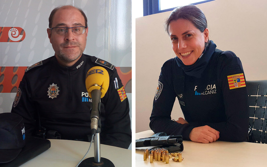 El jefe de la Policía Local de Alcañiz, Pedro Obón; y la policía local, Laura Biurrún./ L.C.
