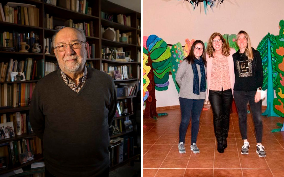 El historiador andorrano Eloy Fernández Clemente y el equipo directivo del colegio: Lola Oriol, Cristina Roqueta y Silvia Blasco / La Comarca