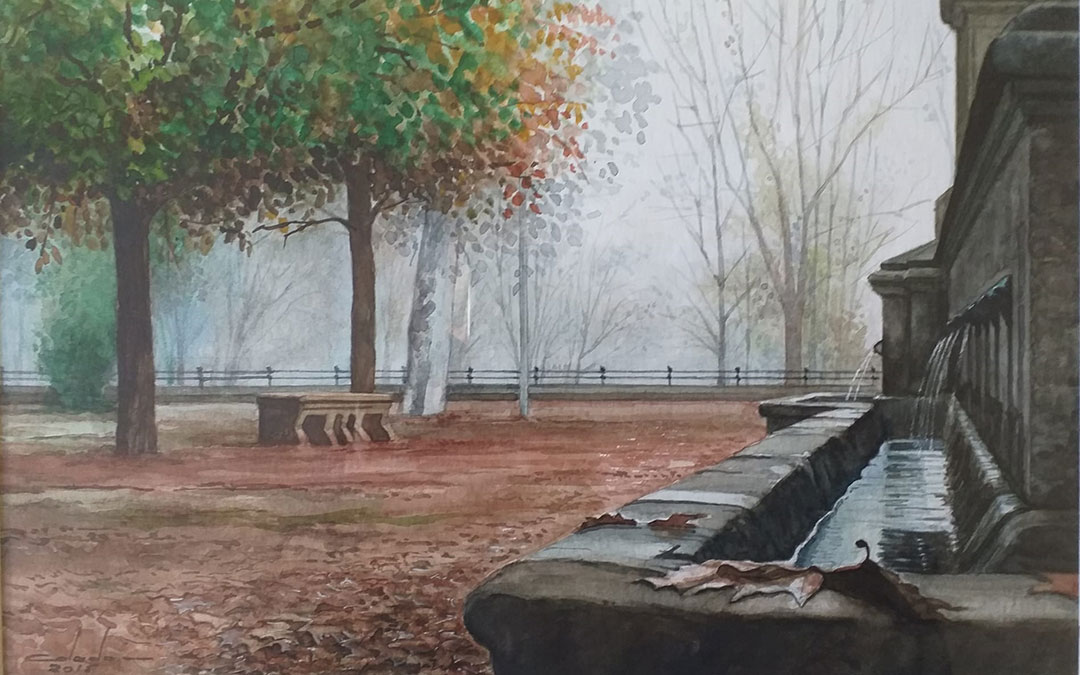 Detalle de una acuarela de la Fuente de los 72 caños de Alcañiz. / José Manuel Colado
