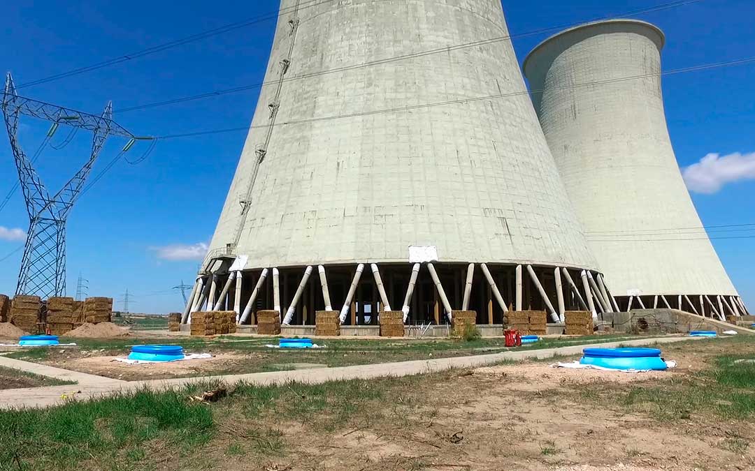 Imagen de las torres de la Térmica, preparadas para su demolición con las piscinas y las alpacas / La Comarca