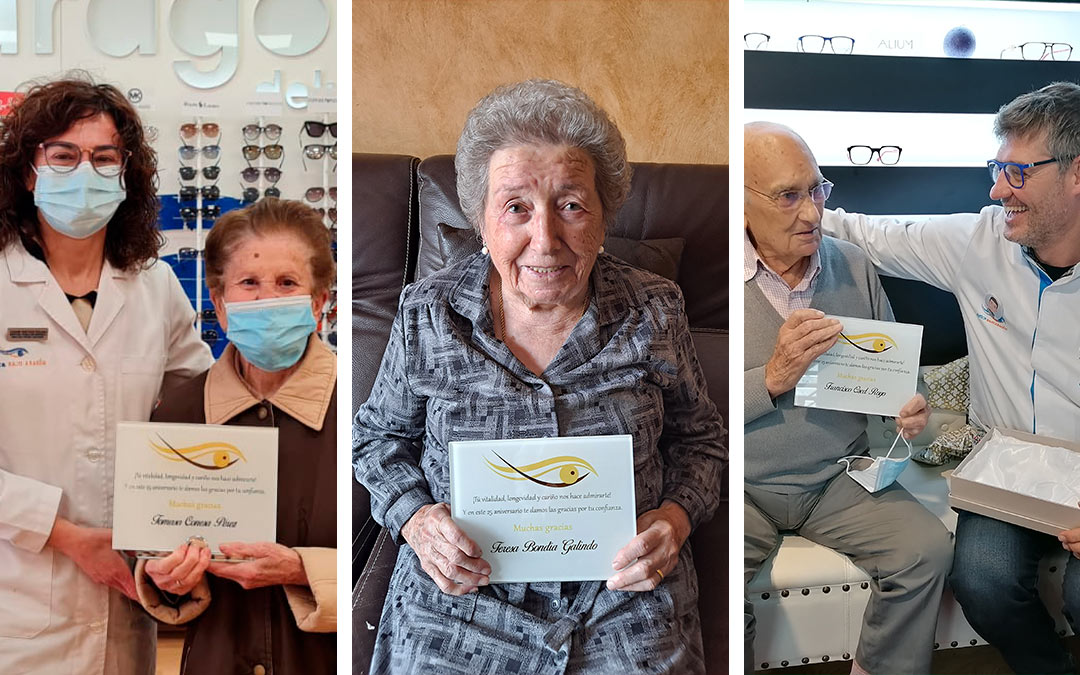 Tomasa, Teresa y Paco, tres ejemplos de longevidad de Ópticas Bajo Aragón./ L.C.