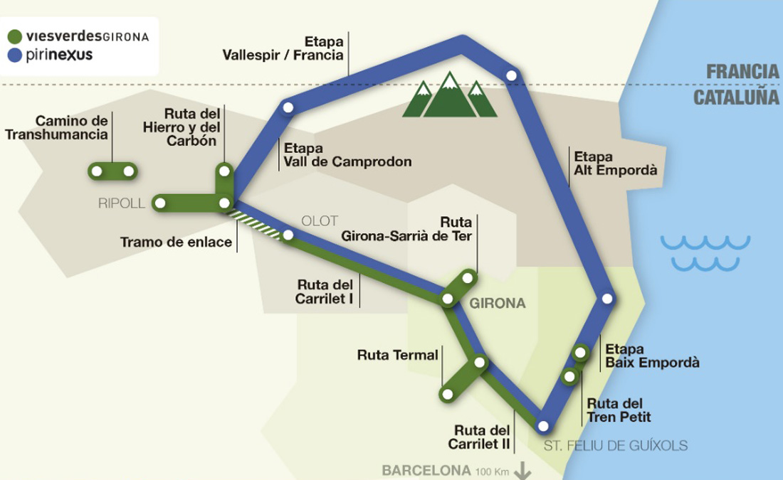 Mapa de las vías verdes y rutas gestionadas por el Consorcio de Girona. / Vies Verdes Girona