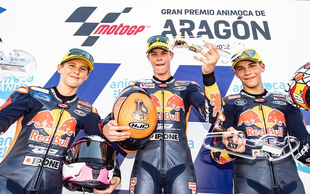 Podio de la carrera del domingo con Veijer, González y Piqueras/ Red Bull Rookies Cup