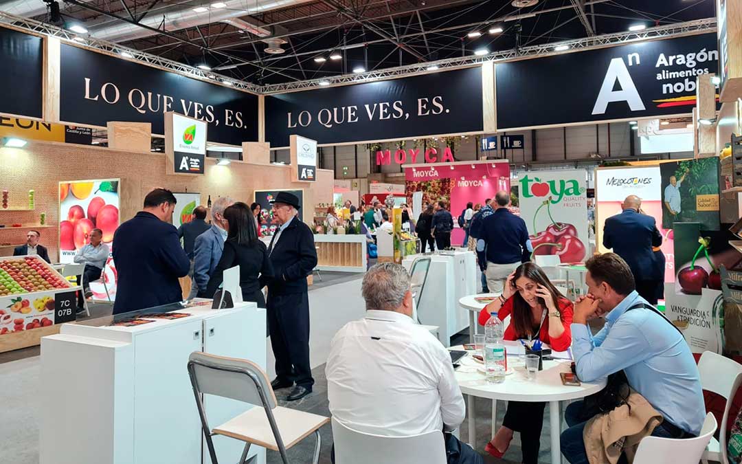 El espacio de 'Aragón Alimentos, Nobles' ocupa 448 metros cuadrados de superficie en la feria Fruit Attraction 2022./ DGA