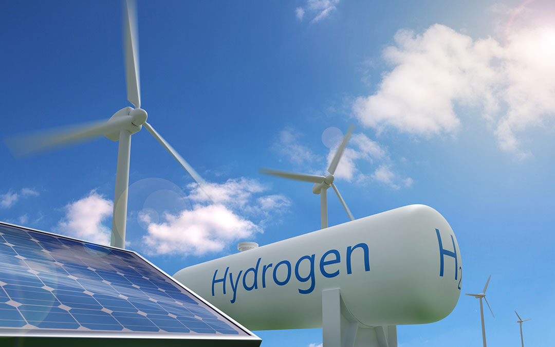 Tanque de hidrógeno, panel solar y molinos de viento