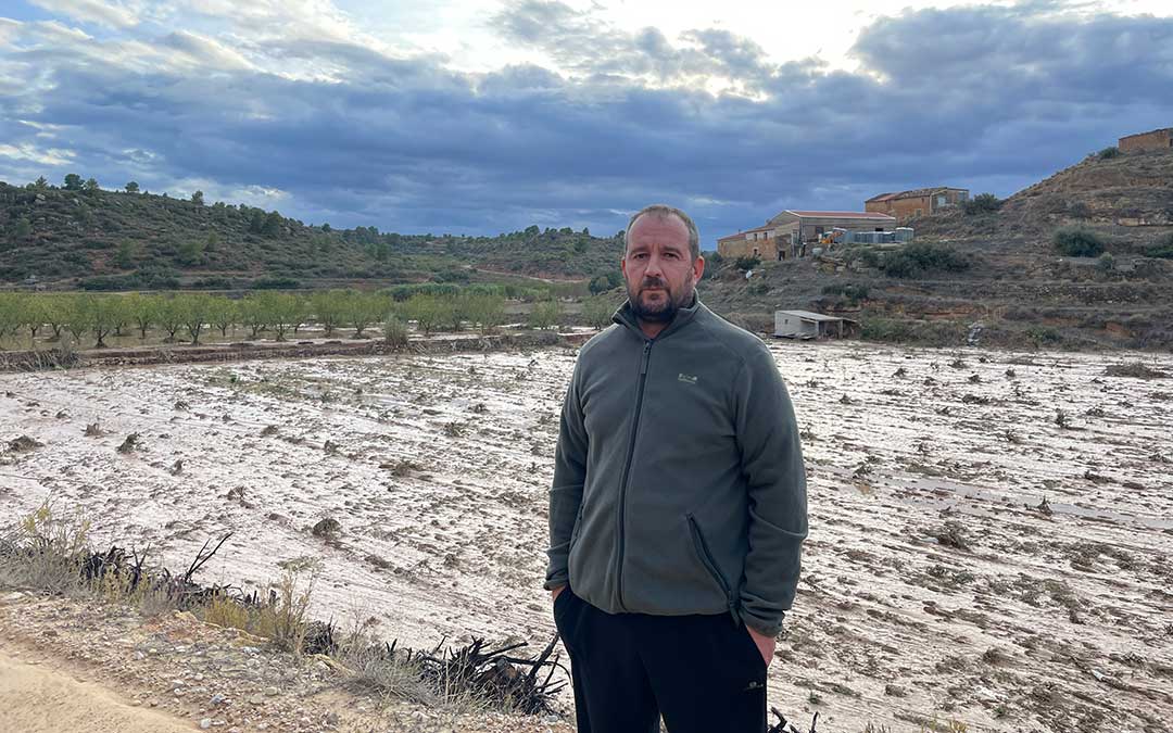 El presidente de la Cooperativa de Mazaleón, Gregorio Celma, junto a una de las nuevas plantaciones arrasadas en la última tormenta./ María Celiméndiz