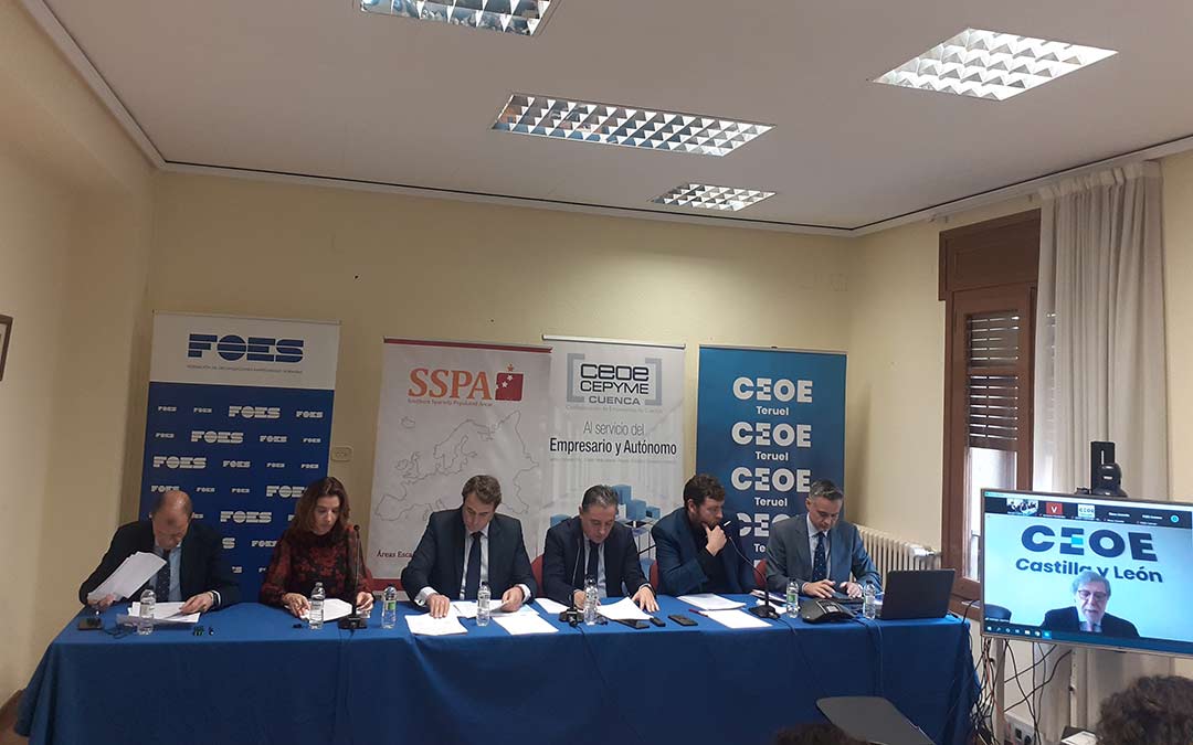 Rueda de prensa de las patronales de Soria, Cuenca y Teruel este jueves./SSPA