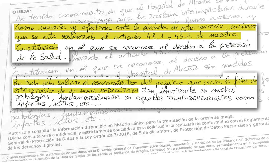 Queja registrada por una de las usuarias del servicio en Alcañiz./I.M.