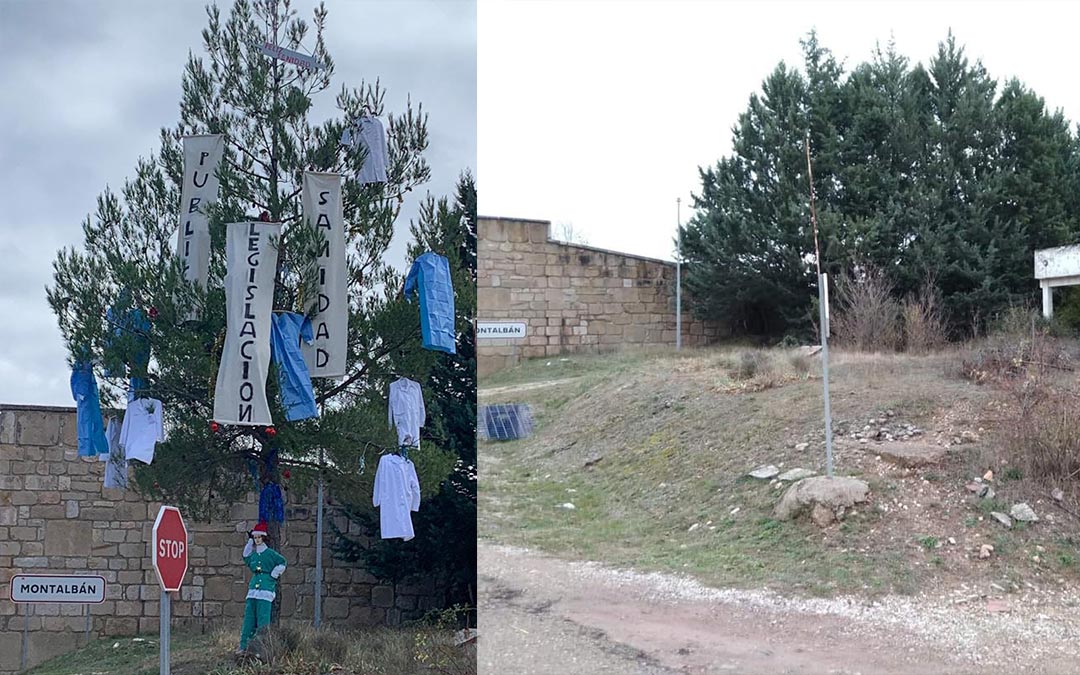 A la izquierda, el pino que deseaba una 'Feliz Sanidad' en Montalbán; y a la derecha, el hueco que ha dejado después de que la Unidad de Carreteras lo talase./ L.C.