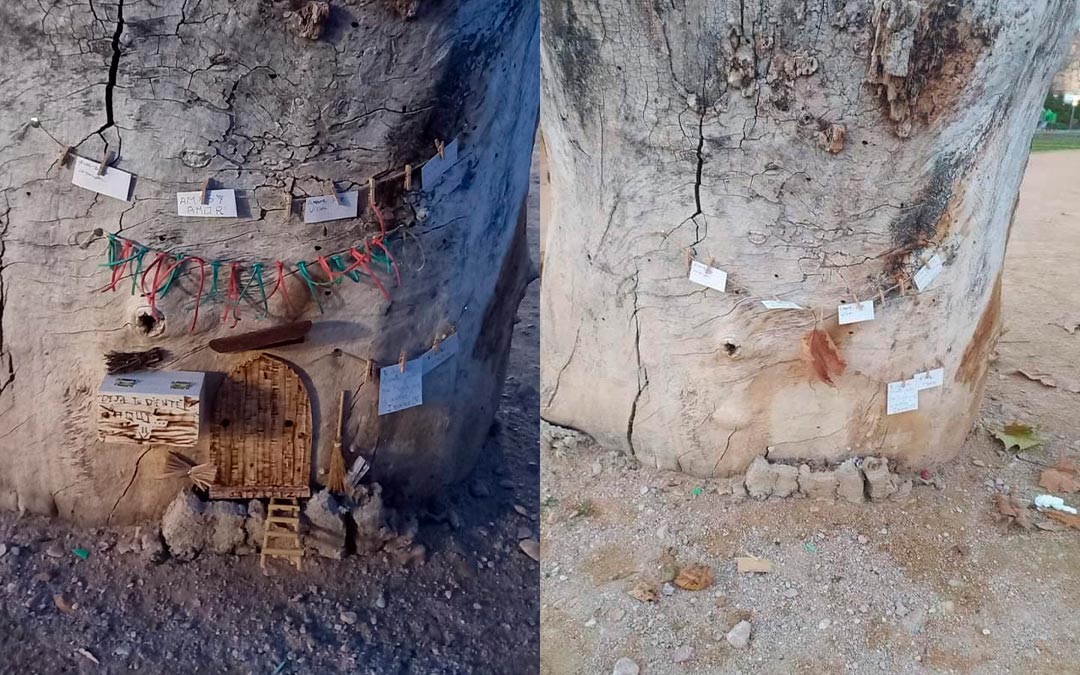 La casa del Ratoncito Pérez, reconstruida (a la izquierda) después de ser víctima del vandalismo (a la derecha)./ L.C.