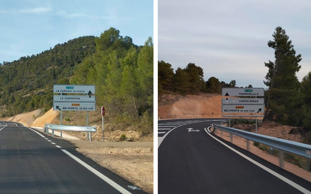 Las denominaciones en catalán 'Canyada de Beric' y 'Bellmunt de Mesquí' han sido arrancadas de las señales de dirección de la carretera A-1409./ Facebook Grupo Paraules del Matarranya