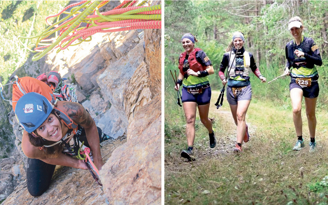 A la izda., Ángela Altaba, alpinista natural de Cantavieja, durante una expedición. A la derecha, las corredoras Cuca, Beatriz y Celia, 'Lobas Pardas', de Alcañiz./ L.C.