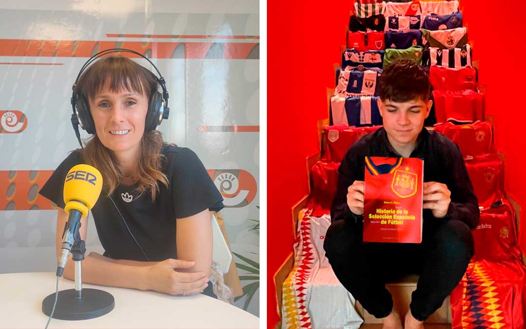Nina Stoian, en Radio La Comarca, y Rubén G. Bielsa, junto a su publicación sobre la historia de la Selección Española. / La Comarca