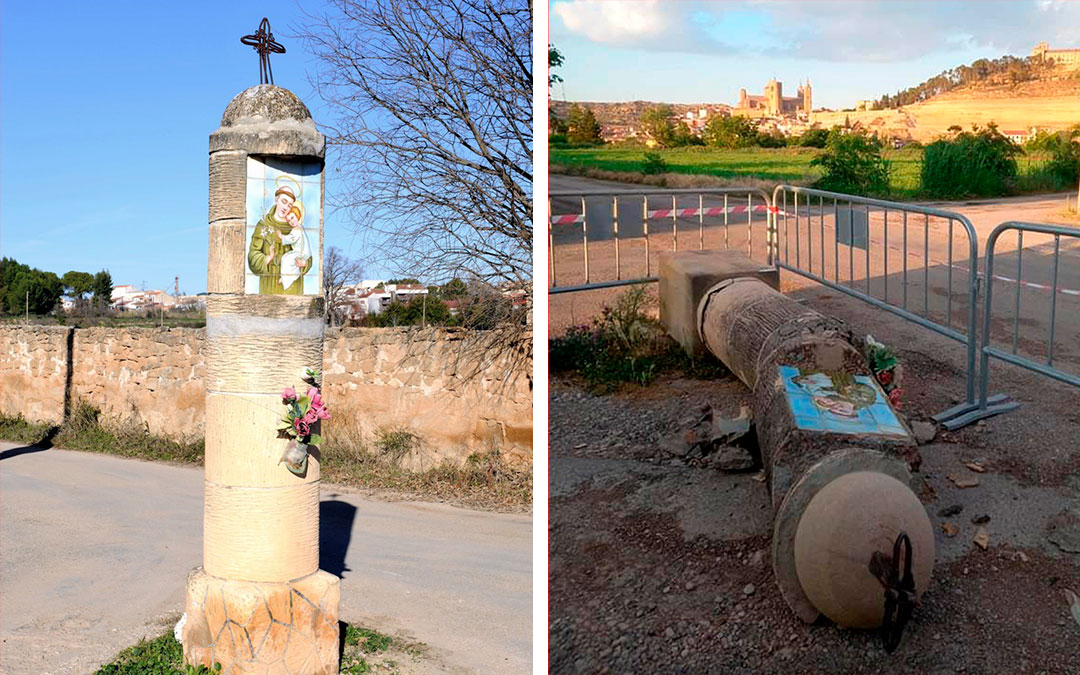 Antes y después. El pilón de San Antonio de Alcañiz fue derribado en abril de 2023./ La COMARCA