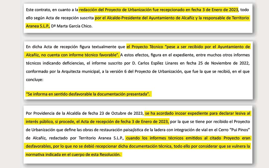 n Extractos del documento de nueve páginas que se aprobó en el pleno la semana pasada para declarar lesivo para el Ayuntamiento la aceptación del proyecto de Pui Pinos que firmó Urquizu la pasada legislatura / La COMARCA