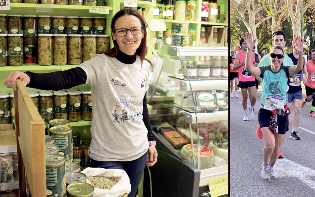 Belén Álvarez en El Tremedal, su tienda, preparando para abrir el jueves tras volver de Sevilla donde el domingo corrió su cuarta maratón (42K). Todo Albalate pasa por su comercio y también la anima: "Se agradece mucho". / B. Severino / E. Peralta